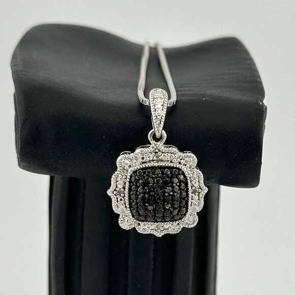 Beautiful  Black and White Diamond Cluster Pendant with Sterling Chain - Picture 5 of 8